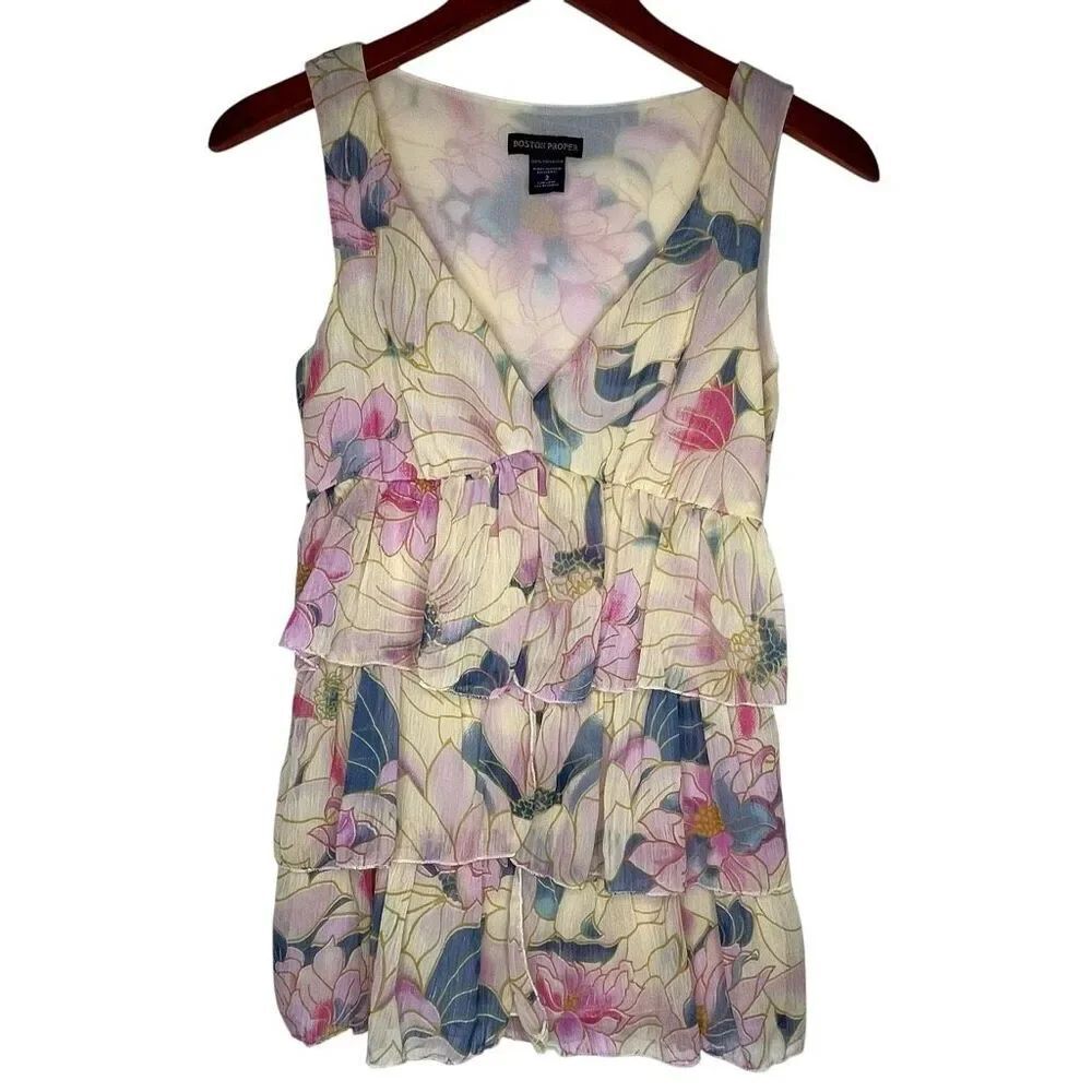 Boston Proper Womens Floral Tiered V-Neck Sleeveless Blouse Multicolor Size 2